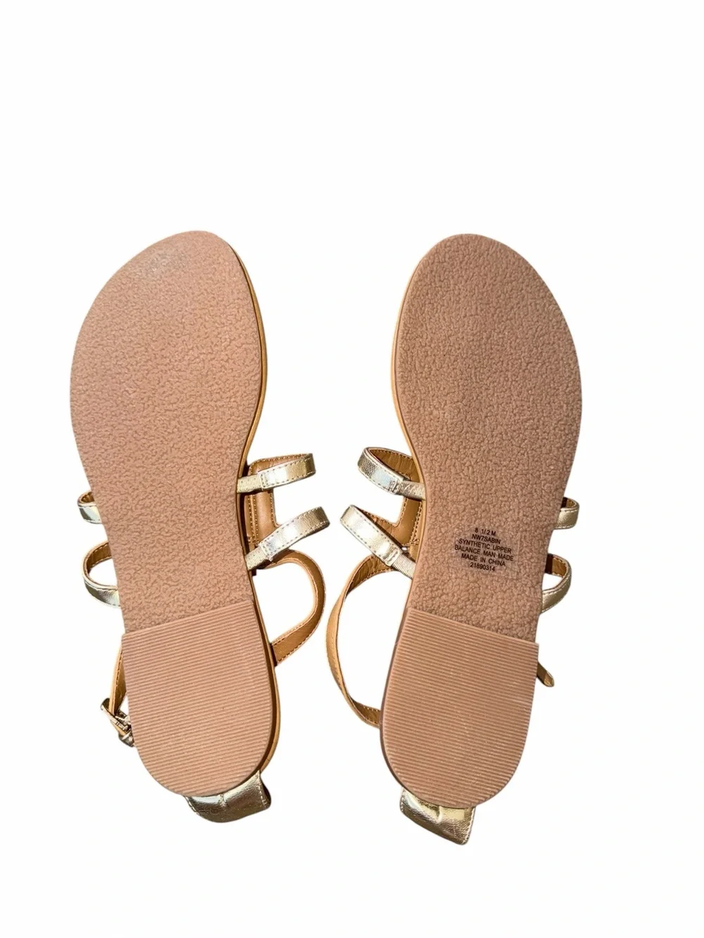 Nine West Tan T-Strap Sandals with Gold Metallic Straps Size 8.5 M